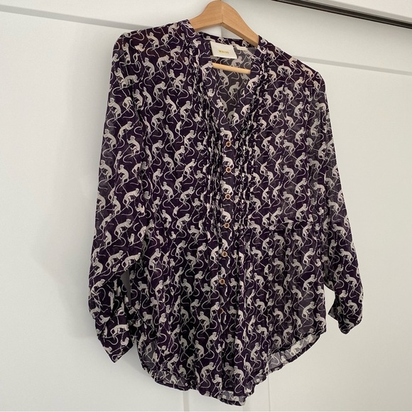 Maeve Anthropologie Purple Monkey Print Long Sleeve Button Up Blouse Size 4 - Picture 3 of 11